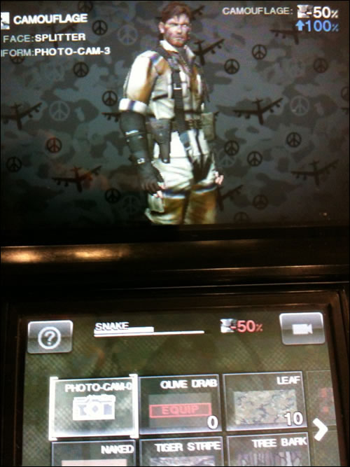 Camouflage de Snake dans Metal Gear Solid Snake Eater 3D