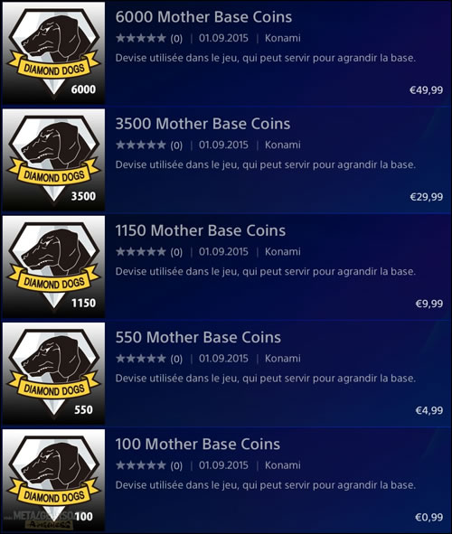 Le prix des Mother Base Coins pour acclrer la construction de sa Mother Base